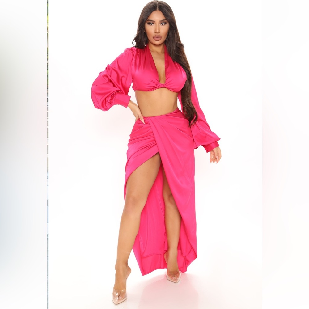 NWT Love Again Satin Skirt Set - Hot Pink